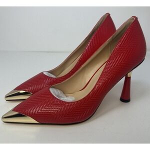 LingxiaUne Red Stiletto Pumps Gold Metal Cap Pointed Toe Heels Size 8 NWB